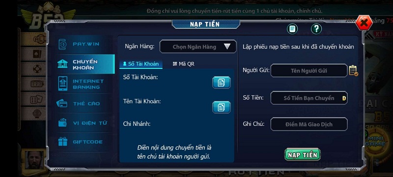 Hướng dẫn nạp rút B52 Club - Người chơi có thể nạp tiền thông qua nhiều hình thức khác nhau