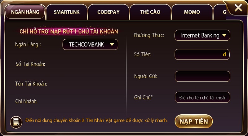 Hướng dẫn nạp tiền tại cổng game bài đổi thưởng Sunvin trong một phút