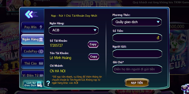 Nạp tiền tại game bài 789 Club thông qua ngân hàng