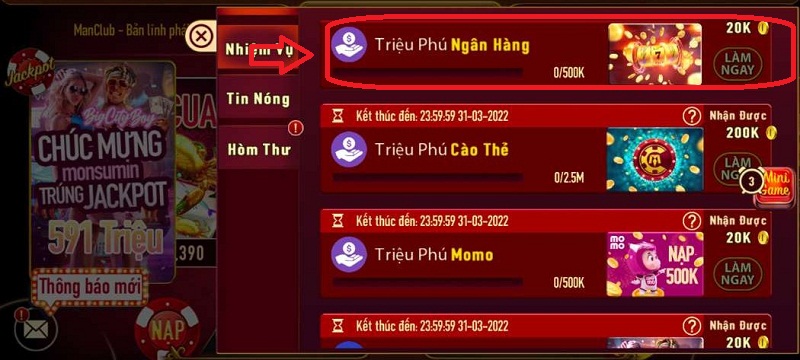 Nạp tiền ngân hàng thưởng tiền rủng rỉnh