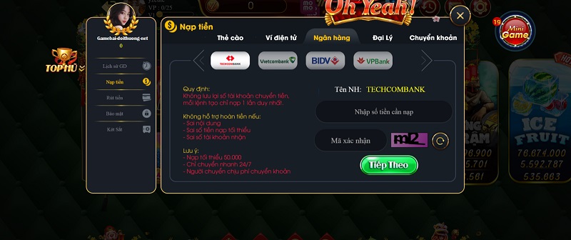 Nạp tiền qua ngân hàng tại Yeah win