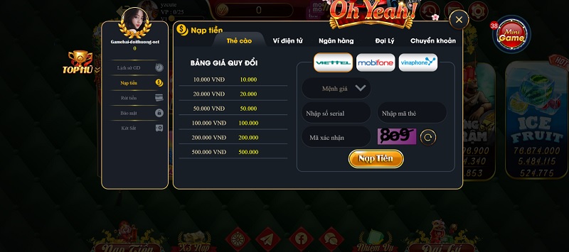 Hướng dẫn nạp rút Yeah win - Nạp tiền qua thẻ cào cực đơn giản