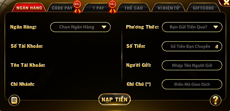 Hình thức nạp tiền đa dạng với 6 phương thức giao dịch