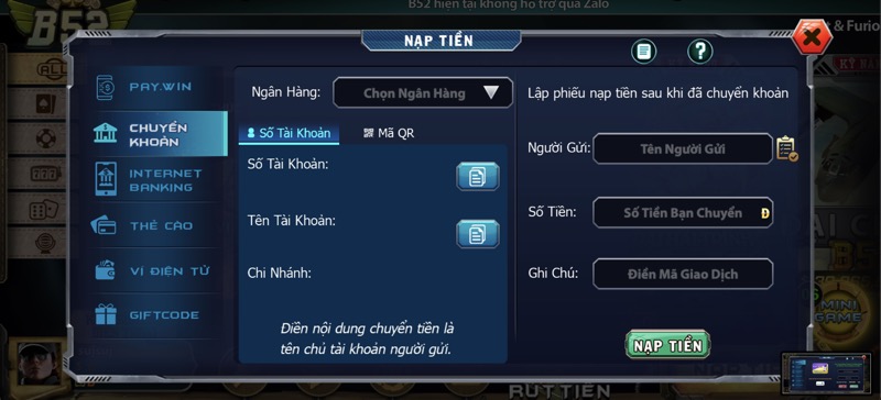 Hướng dẫn nạp B52 Club bằng ngân hàng