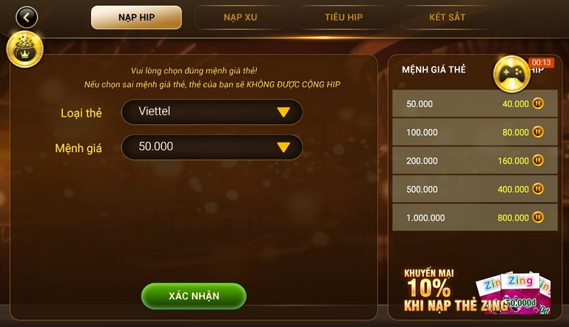 Nạp tiền Hip Club nhận khuyến mãi